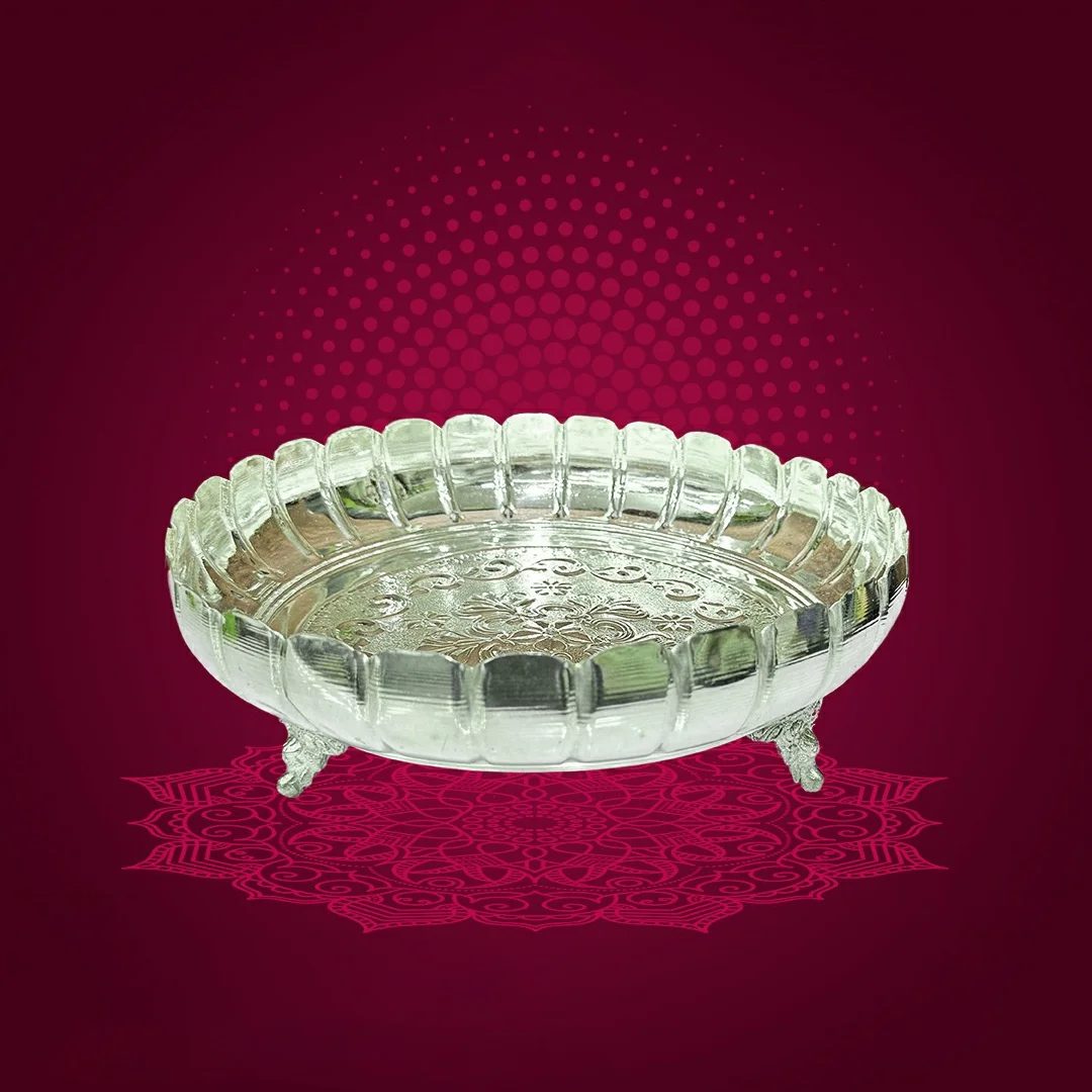 German silver lotus plate, 8 inch pooja plate